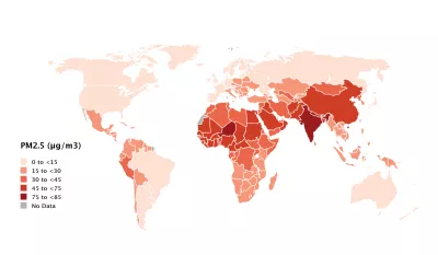 A map that shows how rates of death attributable to air pollution are distributed throughout the globe.